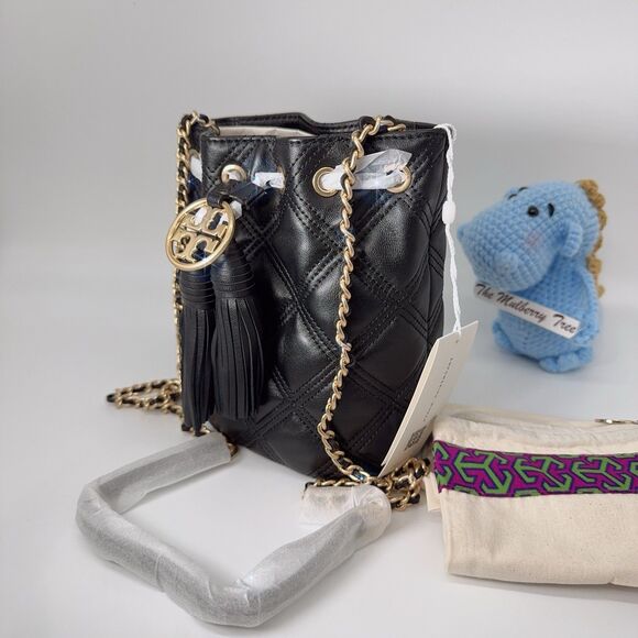 Tory Burch Fleming Mini Soft Quilted Leather Bucket Bag Crossbody Black Gold NWT - Picture 3 of 16